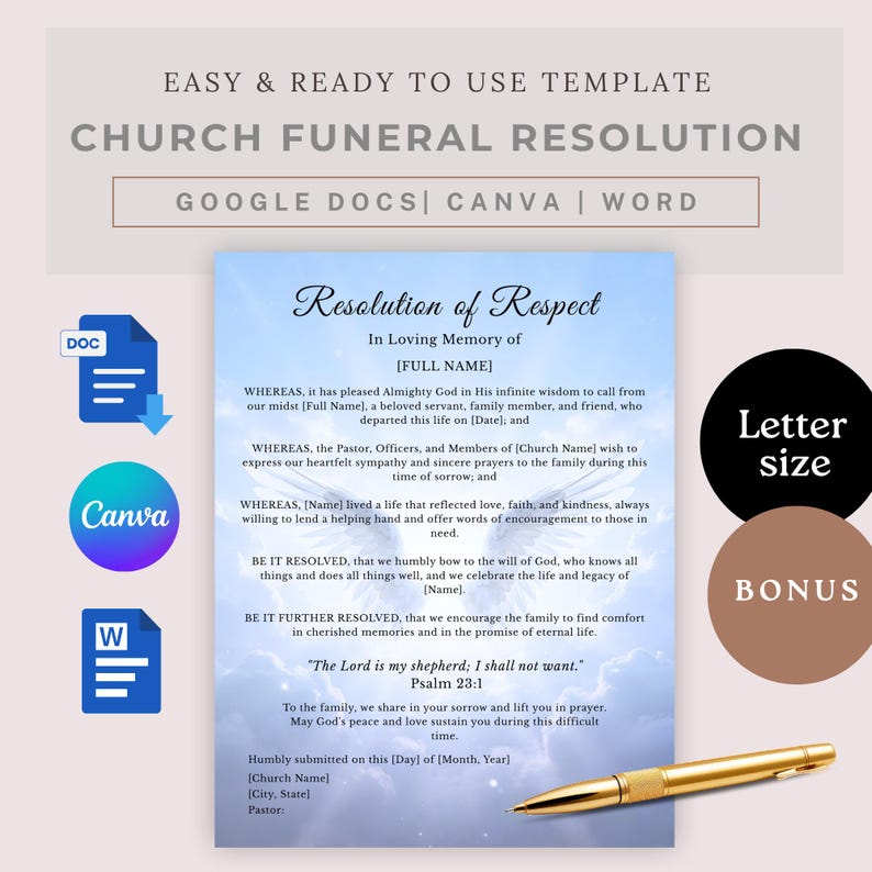 Funeral Resolution Template.pdf Funeral Resolution Letter for a Church or Memorial Service, Funeral ...