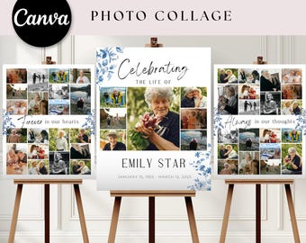 Memorial Photo Collage Sign Template, Blue Dusty Flowers Funeral Poster Board, Celebration of Life Sign, Editable Funeral Template, VM003
