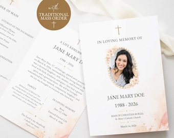 Traditional Elegant Gold Catholic Funeral Program, Editable Mass Template With Cross, Digital Download, Order of Service, Memorial Booklet
