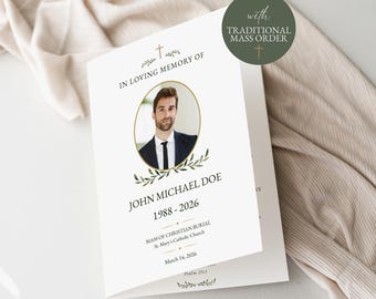 Traditional Catholic Funeral Program for Young Man Editable Mass Template With Cross Timeless Minimal Elegant Greenery Design Booklet, CFP1