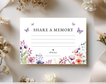Memorial Guest Book Alternative, Purple Butterfly Wildflowers Share a Memory Card, Celebration of Life Printables, Instant Download, VM002
