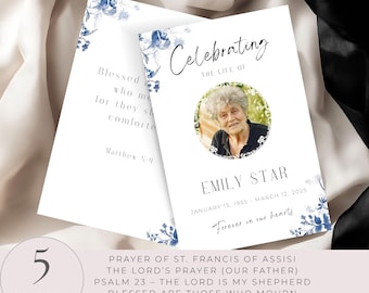 Prayer Cards For Funeral Template,Light Blue Floral Memorial Editable Canva,Celebration of Life, Printable Remembrance,Funeral Favors, VM003