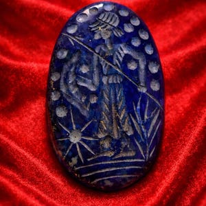 Ancient Warrior Seal, Blue Engraved Lapis Intaglio Talisman, Mystical Guardian Amulet