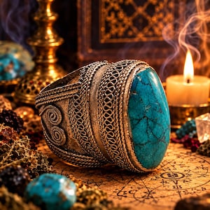 May include: A silver ring featuring a large, oval-shaped turquoise stone with dark veining. The band is crafted with intricate metalwork, including twisted rope patterns and decorative scrollwork, showcasing a textured, aged metallic finish.