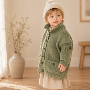 May include: A sage green knitted cardigan with a button-down front, long sleeves, and two front pockets. The garment is worn over a light beige skirt, paired with a matching sage green knitted beanie featuring a small pom-pom on the top.