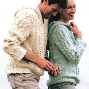His and Hers Aran Hooded Cable Knit Sweater Knitting Pattern, Woman's Man's Pullover (PDF Download)