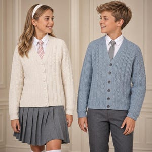 May include: A cream-colored V-neck button-down cardigan with a vertical ribbed knit pattern, paired with a white collared shirt and a pink striped tie. Beside it, a light blue V-neck button-down cardigan with a vertical ribbed knit pattern.