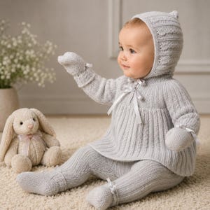 Può includere: Un bambino indossa un completo in maglia grigio chiaro, composto da cappello, vestito, leggings e guanti, tutti ornati da fiocchi di nastro bianco. Un coniglietto di peluche con un fiocco rosa è vicino. Il completo è in morbido tessuto a maglia.