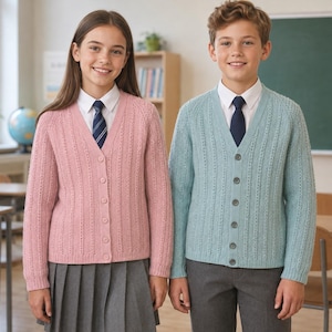 Op de afbeelding: Een roze vest met V-hals en knoopsluiting met een verticaal gebreid structuurpatroon over een wit overhemd met kraag en een donkerblauwe stropdas, naast een lichtblauw vest met V-hals en knoopsluiting met een verticaal gebreid structuurpatroon.
