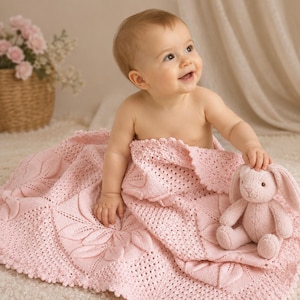 Puede incluir: Una manta de bebé tejida en color rosa claro con un patrón de hojas texturizado y un borde festoneado, acompañada de un pequeño conejo de peluche de color rosa claro. La manta presenta un diseño calado complejo con detalles de punto.