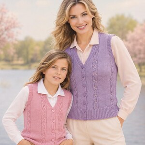 May include: Two sleeveless knit vests with V-necks and button-front fastenings. One vest is light purple and the other is light pink. Both garments feature vertical cable knit patterns along the front panels and ribbed trim at the hem and armholes.