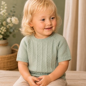 May include: A light green short-sleeved knit shirt with a textured vertical pattern. The shirt has a crew neck and is worn by a young child. The child is also wearing light-colored pants. The background includes a vase of flowers and a woven basket.