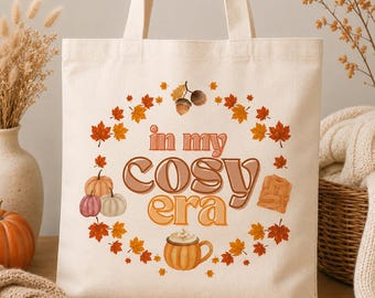 Fall Natural Cotton Tote Bag | Autumnal Book Bag | In My Cosy Era Design