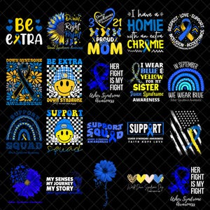 Pode incluir: Uma coleção de designs gráficos com temas de apoio e conscientização. Os designs incluem textos como "Be Extra", "Support" e "I Wear Blue & Yellow". As imagens incluem fitas, girassóis e rostos sorridentes, em azul, amarelo e branco.