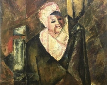 Vintage Cubist Oil Painting of Smiling Woman, Modernism Artist Signed Walling