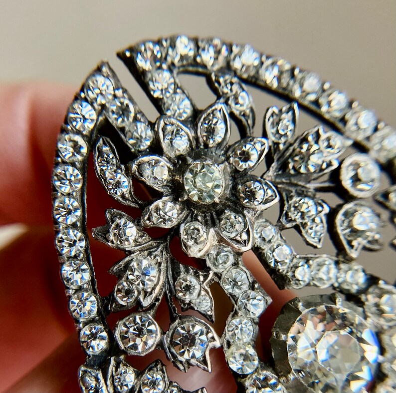 Impressive Large Antique Edwardian Silver & Paste Faux Diamond Glass Brooch image 3