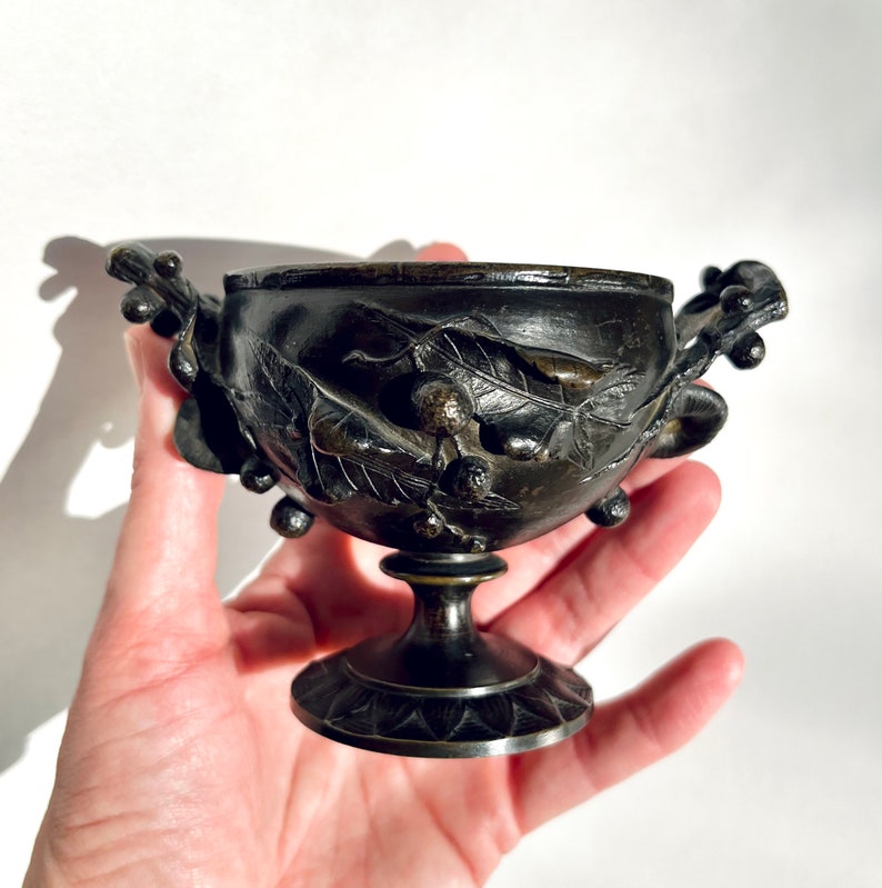 Lovely Antique Art Nouveau Bronze Lidded Cup Vessel w/ Morning Glories French image 5