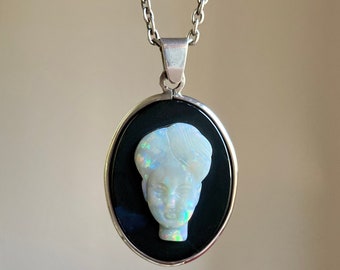 Large Vintage Sterling Silver Opal & Onyx Cameo Pendant, Chinese? Unusual