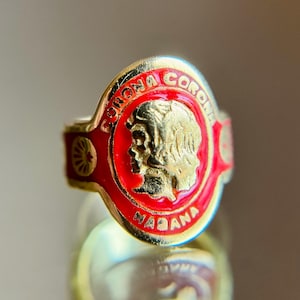 Vtg 18K Yellow Gold Red Enamel Corona Cigar Band Pinky Ring Sz ~2 Designer 7.8g