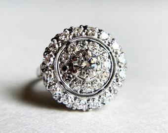 Late Art Deco 14K WG Diamond Target Engagement Cocktail Ring ~1ct Sz 6.5 Vintage