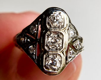 Antique Art Deco 10K White Gold Diamond Cocktail Pinky Ring Sz 4.25 2.7g Estate