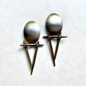 Cool Postmodern Studio Made Sterling Silver & Bronze Earrings, 1992 Vintage Clip image 3