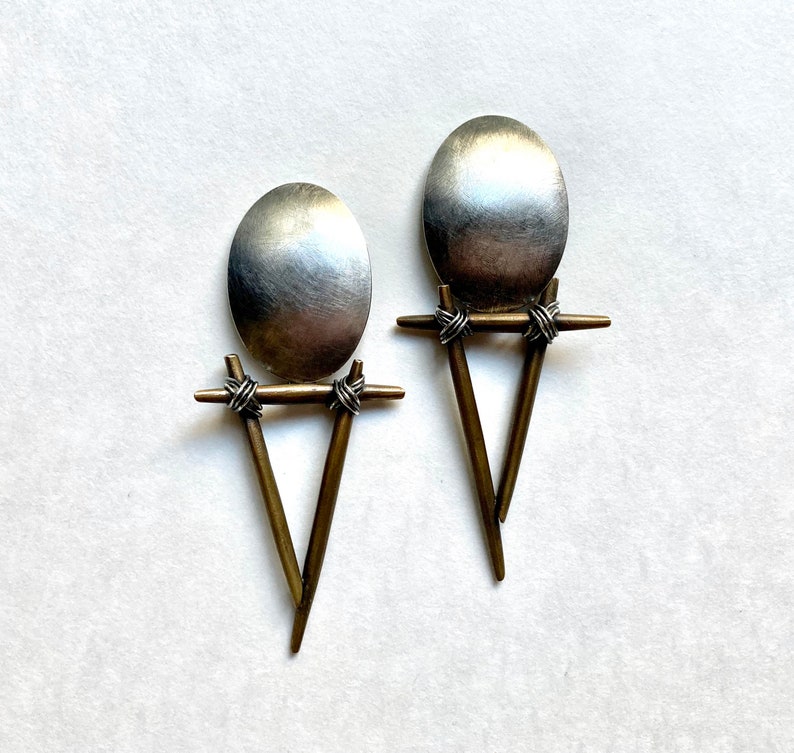 Cool Postmodern Studio Made Sterling Silver & Bronze Earrings, 1992 Vintage Clip image 3