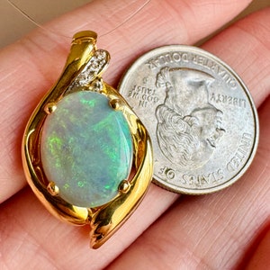 Large Vintage 18K 750 Yellow Gold Opal & Diamond Freeform Enhancer Pendant 5.3g image 2