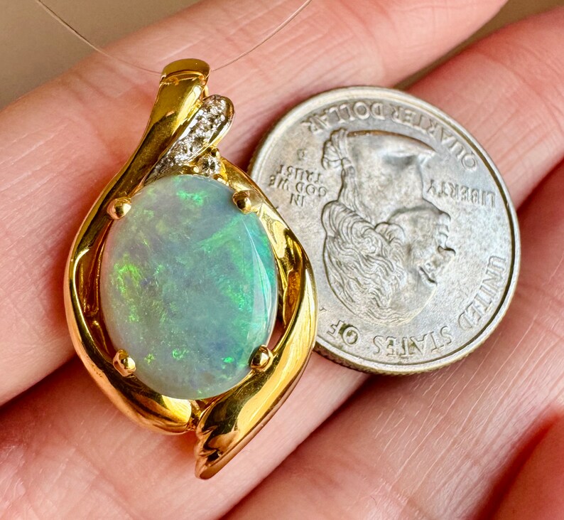 Large Vintage 18K 750 Yellow Gold Opal & Diamond Freeform Enhancer Pendant 5.3g image 2