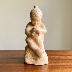 Original Modernist Terracotta Sculpture Girl w/ Fish Late Art Deco-Mid Century