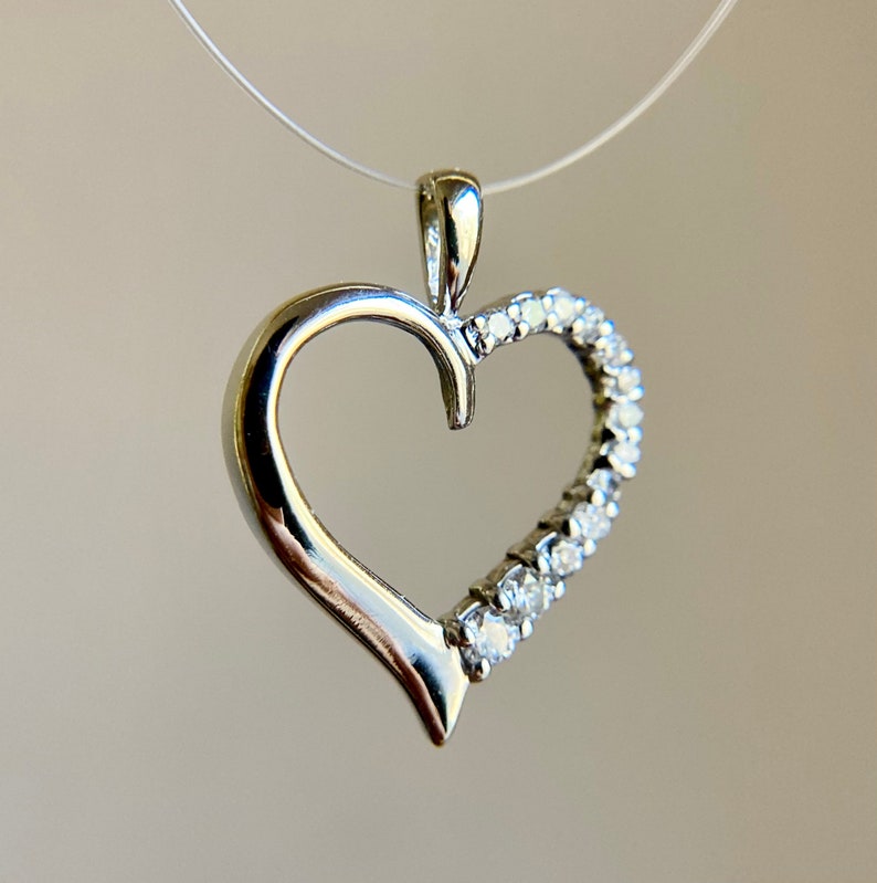 Vintage 14K White Gold Diamond Heart Pendant, Mothers Day Anniversary Gift image 5