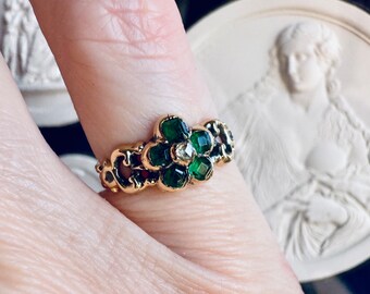 Lovely Antique Late Georgian 18K Emerald Diamond Pansy Flower Ring Sz ~3.75 2.1g