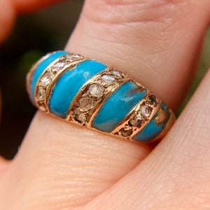 Antique Victorian 14K Gold Diamond & Turquoise Enamel Band Ring, sz 7.25 7.2g Bild 4