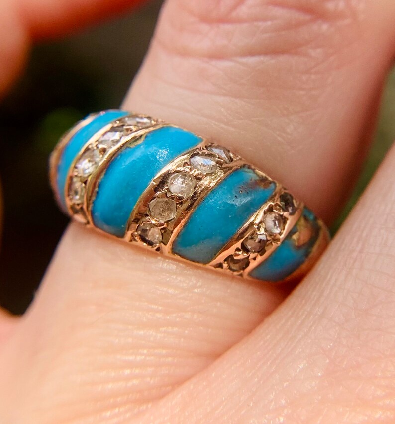 Antique Victorian 14K Gold Diamond & Turquoise Enamel Band Ring, sz 7.25 7.2g Bild 4