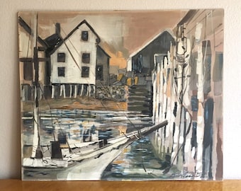 Large Modernist Neutral Gouache Painting of Ship Yard, 1952 Artist Signed Bolin