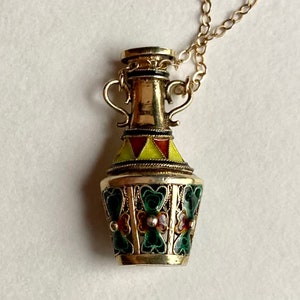 Vintage Chinese Export Silver Gilt Enamel Vase Urn Pendant on 24 14K Gold Chain image 6