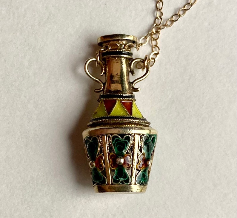 Vintage Chinese Export Silver Gilt Enamel Vase Urn Pendant on 24 14K Gold Chain image 6