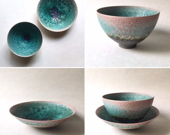 Pair of Liisa Hallamaa Arabia Finland Turquoise & Purple Studio Pottery Bowls