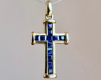 Vintage 18K 750 Yellow Gold Channel Set Sapphire Cross Pendant Charm 2.9g