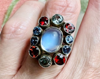 Very Fine Antique Arts & Crafts Silver Ring Moonstone Sapphire Garnet Zircon?