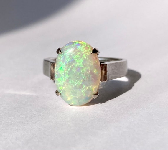 Vintage 14K White Gold Crystal Opal Solitaire Rin… - image 1