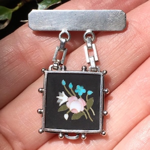 Antique Aesthetic Movement Sterling Silver Pietra Dura Brooch, Late Victorian