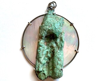 Large Modernist Sterling Silver Turquoise? MOP Pendant Studio Avant Garde Vtg