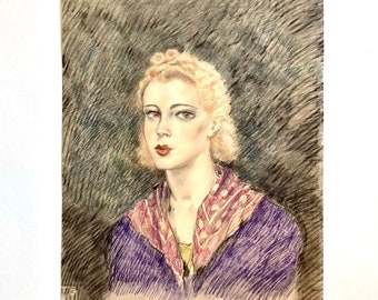 Antique Art Deco Portrait Drawing of Young Woman, likely Edouard Chimot 1930s