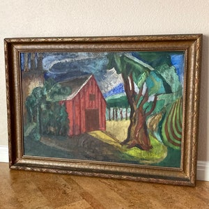 Early Modernist WPA Era Farm Scene Painting Red Barn & Fields, Mystery Artist image 3