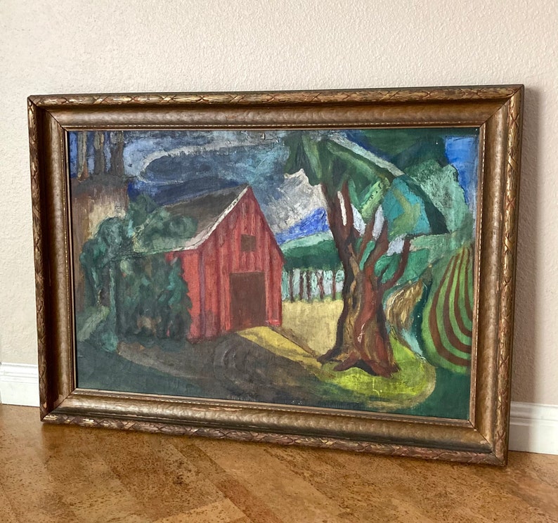 Early Modernist WPA Era Farm Scene Painting Red Barn & Fields, Mystery Artist image 3