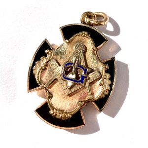 Antique Gold Filled Onyx & Enamel Masonic Cross Fob Pendant, Victorian Edwardian image 2