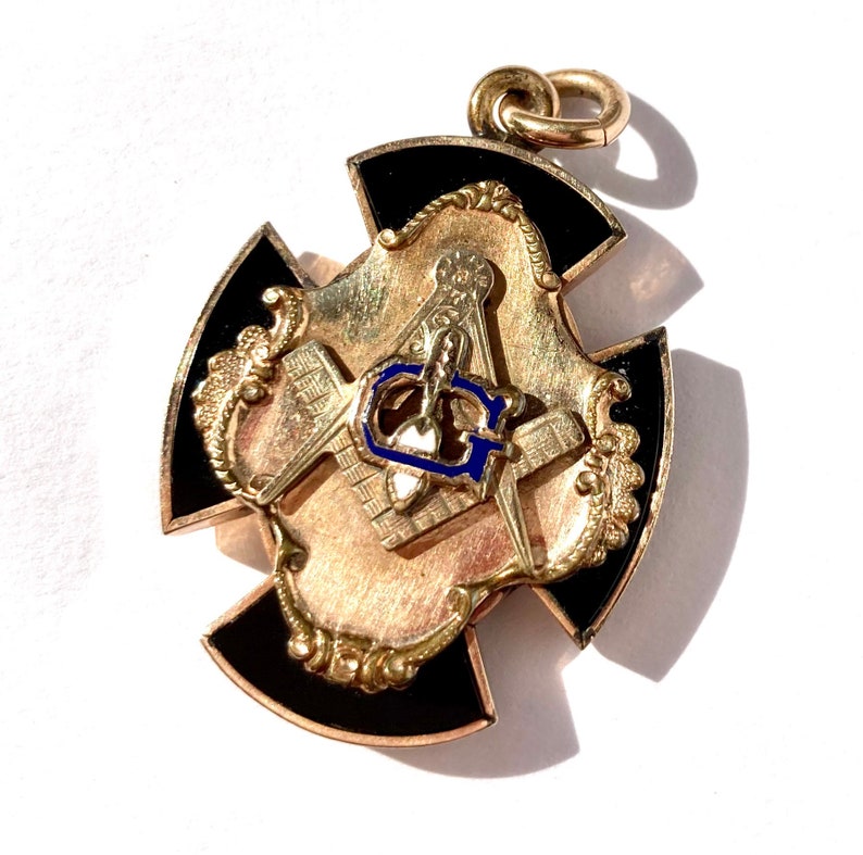 Antique Gold Filled Onyx & Enamel Masonic Cross Fob Pendant, Victorian Edwardian image 2