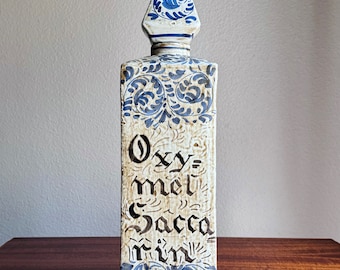 Large Vintage Italian Pottery Apothecary Bottle Blue White 18.5” 1950s Modernism