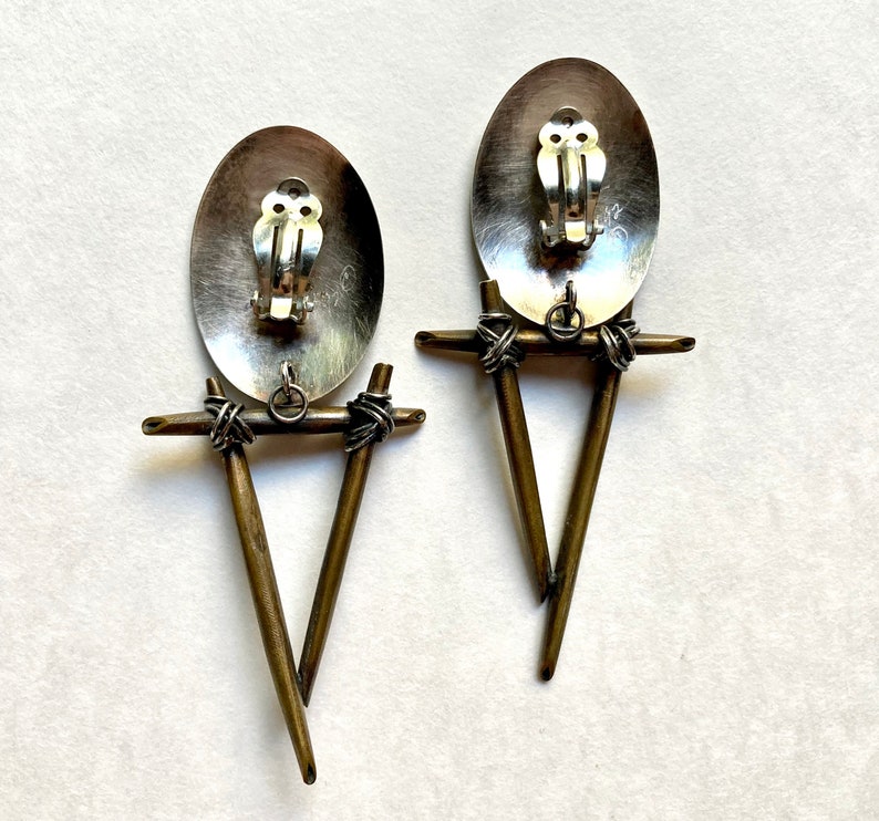 Cool Postmodern Studio Made Sterling Silver & Bronze Earrings, 1992 Vintage Clip image 8